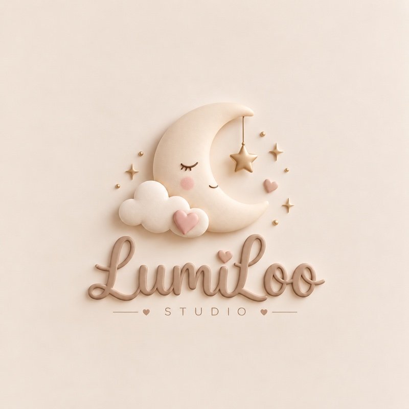 LumiLoo Studio logo s mjesecom, oblacima i srcima u pastelnim tonovima